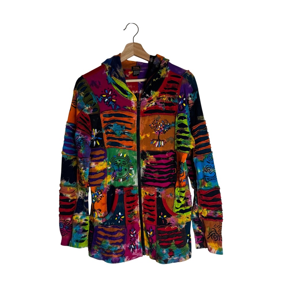 Rising International Women's Patchwork Hoodie Boho Tie Dye Sun Tree S